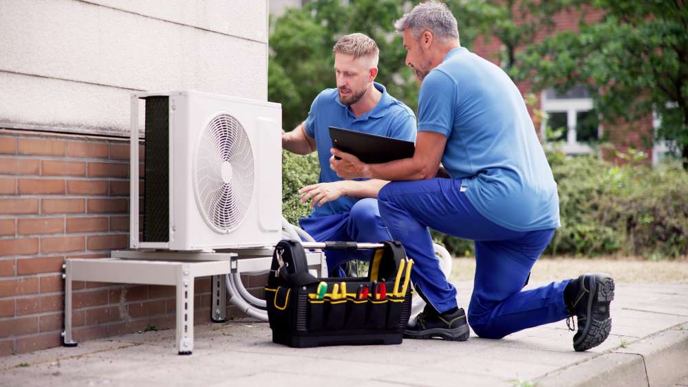 HVAC technicians fixing an outdoor unit